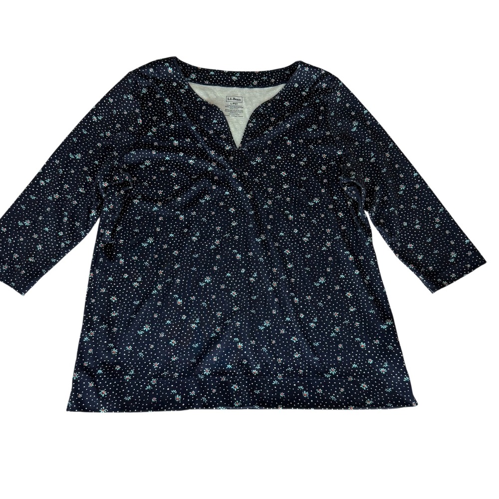LL Bean Navy Floral Polka Dot Supima Cotton Split Neck Top Petite Large 505545